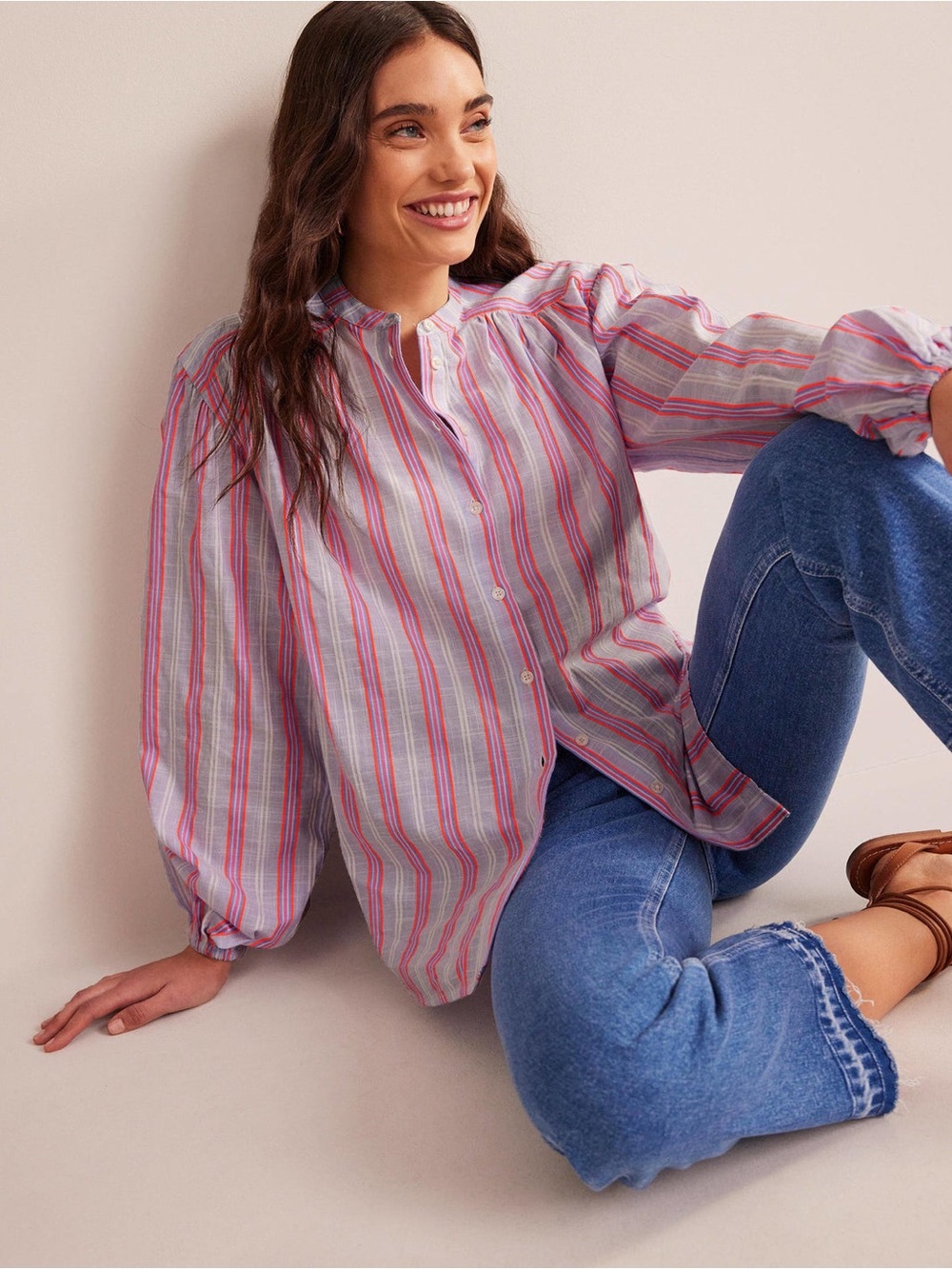 Boden striped oversized blouson sleeve blouse shirt-pink & blue-size 4 (NWOT)